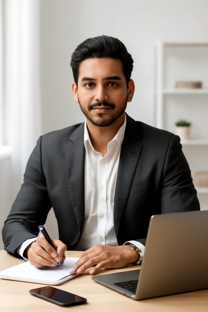 confident Pakistani entrepreneur working on personal branding visuals